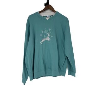 Christmas Sweater By Comfort Corner Reindeer Blue VTG Double Collar 3x Plus